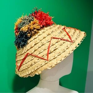 1960s Tiki Souvenir Straw Hat with Red Accents